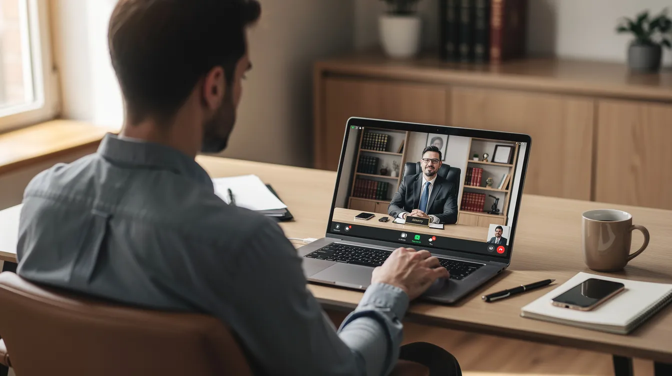 The image shows a worker sitting at a desk at home, engaged in a video call with a lawyer, discussing their workers compensation claim. The setting conveys a professional atmosphere as they navigate legal issues related to their work injury and explore options for financial compensation.