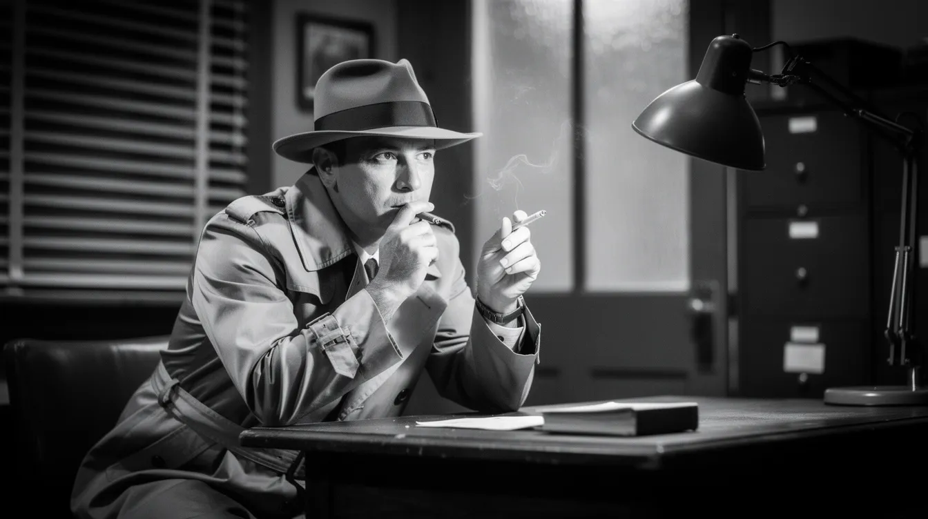 Das Schwarz-Weiß-Porträt zeigt einen Mann in einem Fedora-Hut und einem Trenchcoat, der in einem düsteren Büro sitzt. Jalousien werfen Schatten auf den Schreibtisch, während er eine Zigarette hält und an die Atmosphäre des Film Noir erinnert, wie sie in "Der Malteser Falke" dargestellt wird.