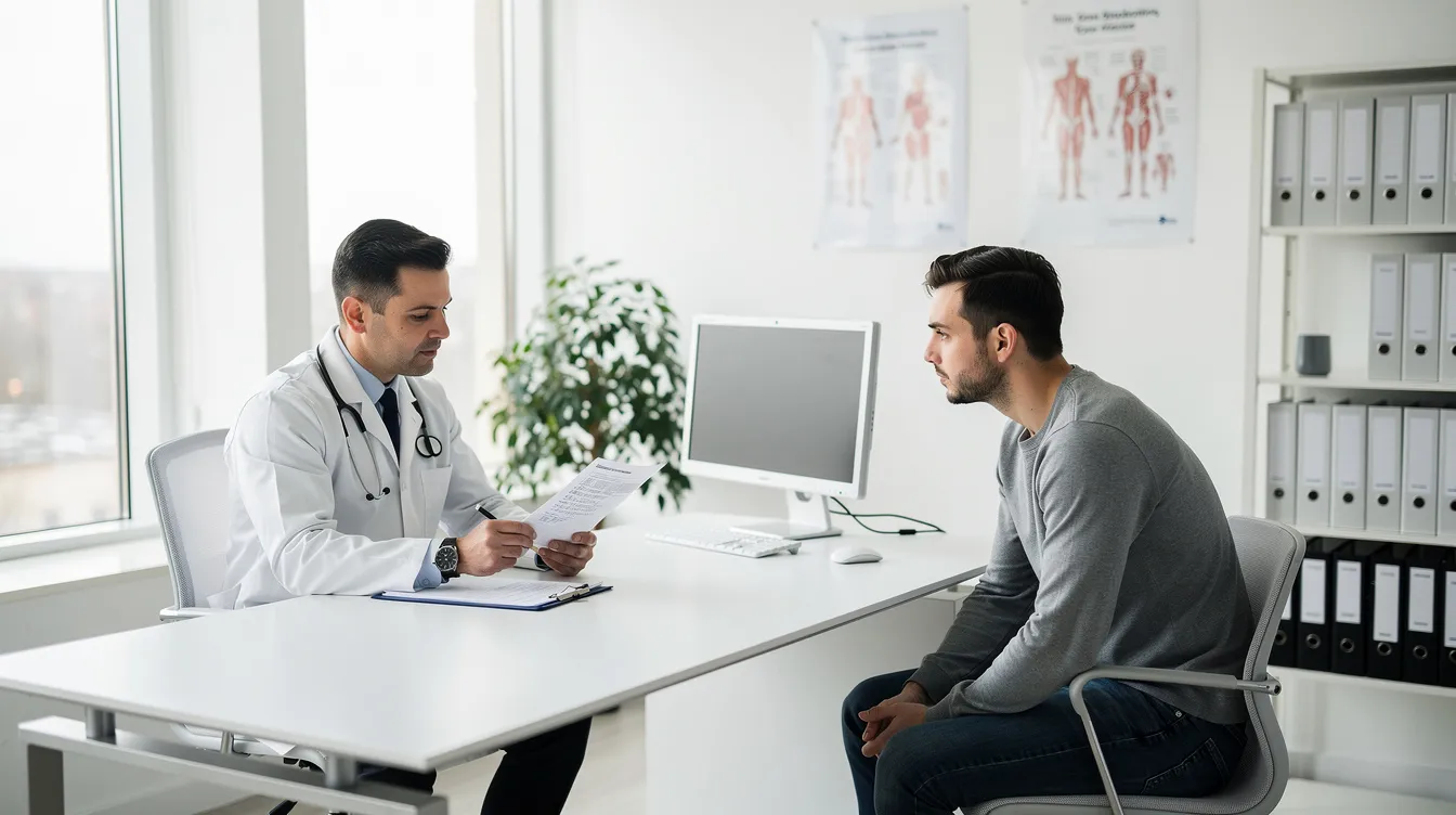 En la imagen se observa una consulta médica en un consultorio moderno, donde un médico revisa documentos junto a un paciente masculino, posiblemente relacionado con la evaluación de la ginecomastia y el procedimiento quirúrgico para tratar el exceso de tejido mamario.
