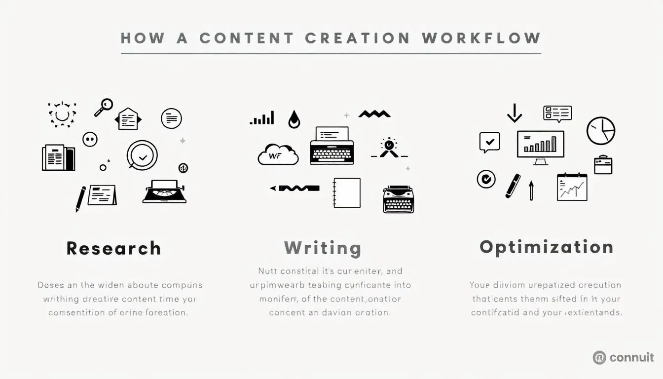 The image illustrates a content creation workflow that encompasses three key phases: research, writing, and optimization. It emphasizes the importance of search engine optimization and keyword research to drive organic traffic and improve website visibility through effective SEO strategies.