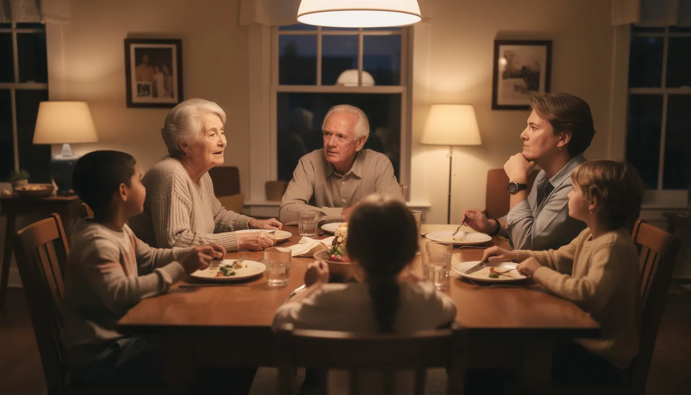 A multigenerational family is gathered around a dining table, engaged in a lively discussion, possibly about retirement plans and savings strategies. The scene captures the warmth of family interaction while highlighting the importance of topics like pension plans and investment options for future financial security.