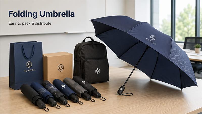 Folding umbrella with custom logo packaging for corporate gifts and event giveaways