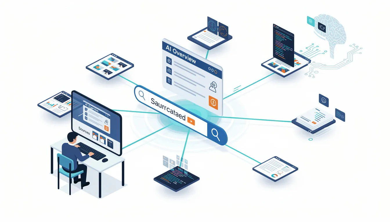 The image depicts a digital overview of artificial intelligence (AI), showcasing various features such as AI-generated summaries and search results from Google. It emphasizes the ability of AI tools to provide relevant information and answers to complex questions, allowing users to explore key data and insights effectively.