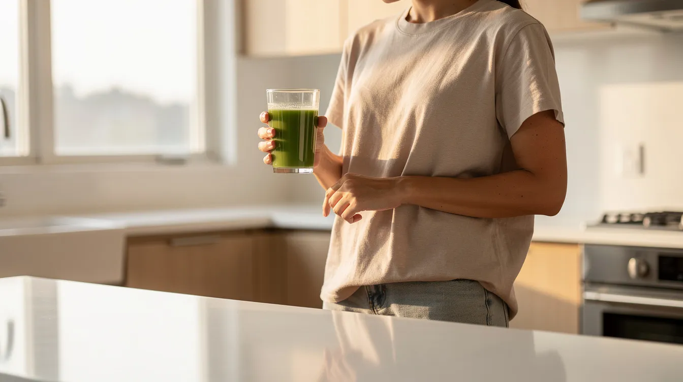 Eine Person steht in einer hellen, modernen Küche und hält ein Glas mit einem grünen Getränk, das aus hochwertigen Greens Pulvern zubereitet wurde. Die Szene strahlt Vitalität und eine gesunde Morgenroutine aus, während der frische Apfelgeschmack des Getränks in der Luft liegt.
