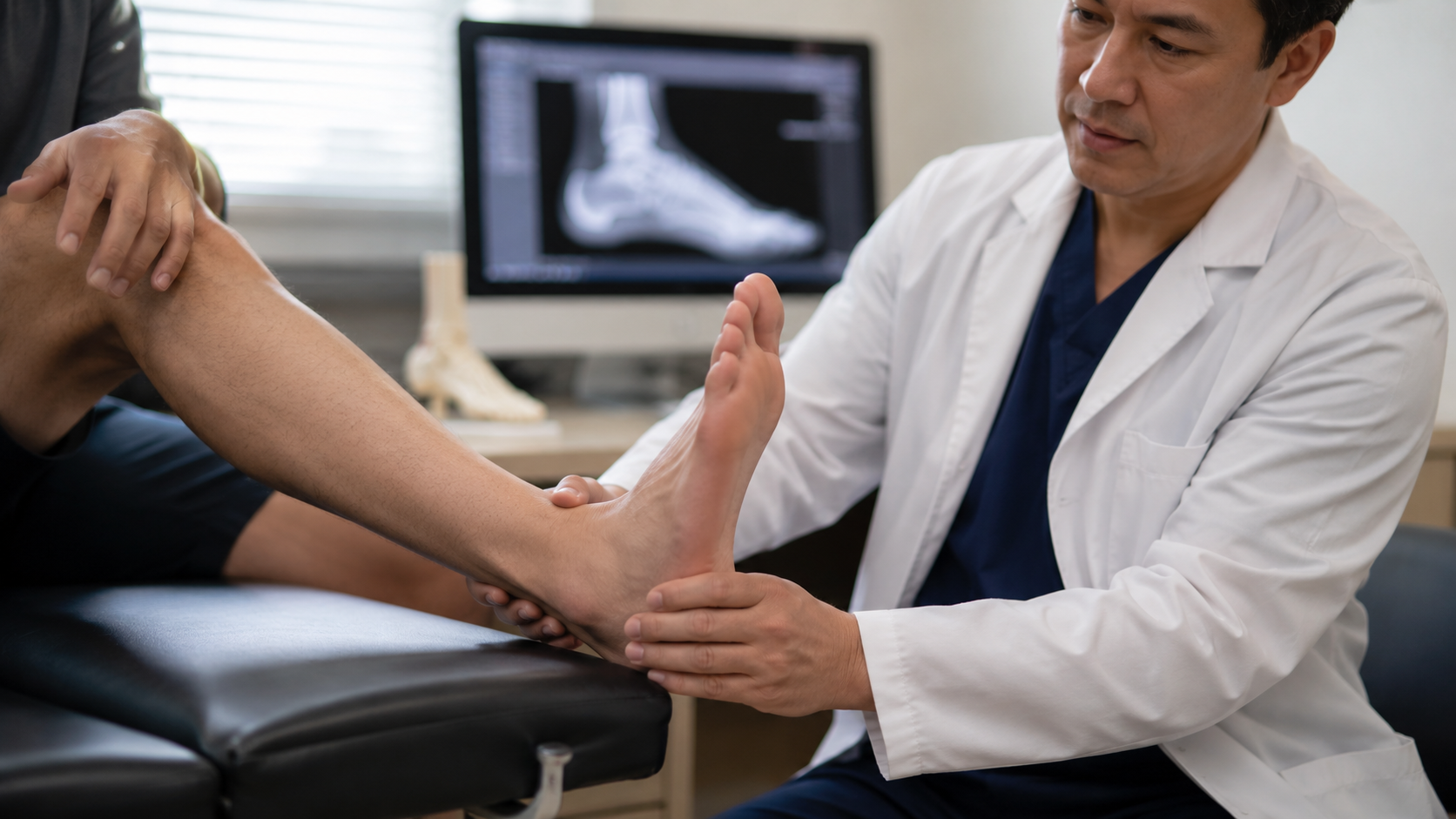 Doctor examining a patient's foot alongside an ankle x-ray during a diagnostic visit