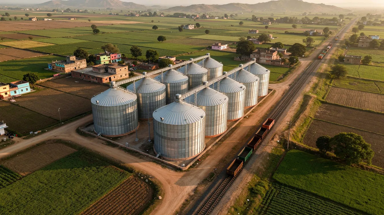 An aerial view showcases modern steel grain silos positioned alongside railway tracks in a rural Indian landscape, highlighting the food grain storage infrastructure essential for farmers. The image emphasizes the efficient design and construction of these silos, which play a crucial role in maintaining grain quality and improving the shelf life of food grains.