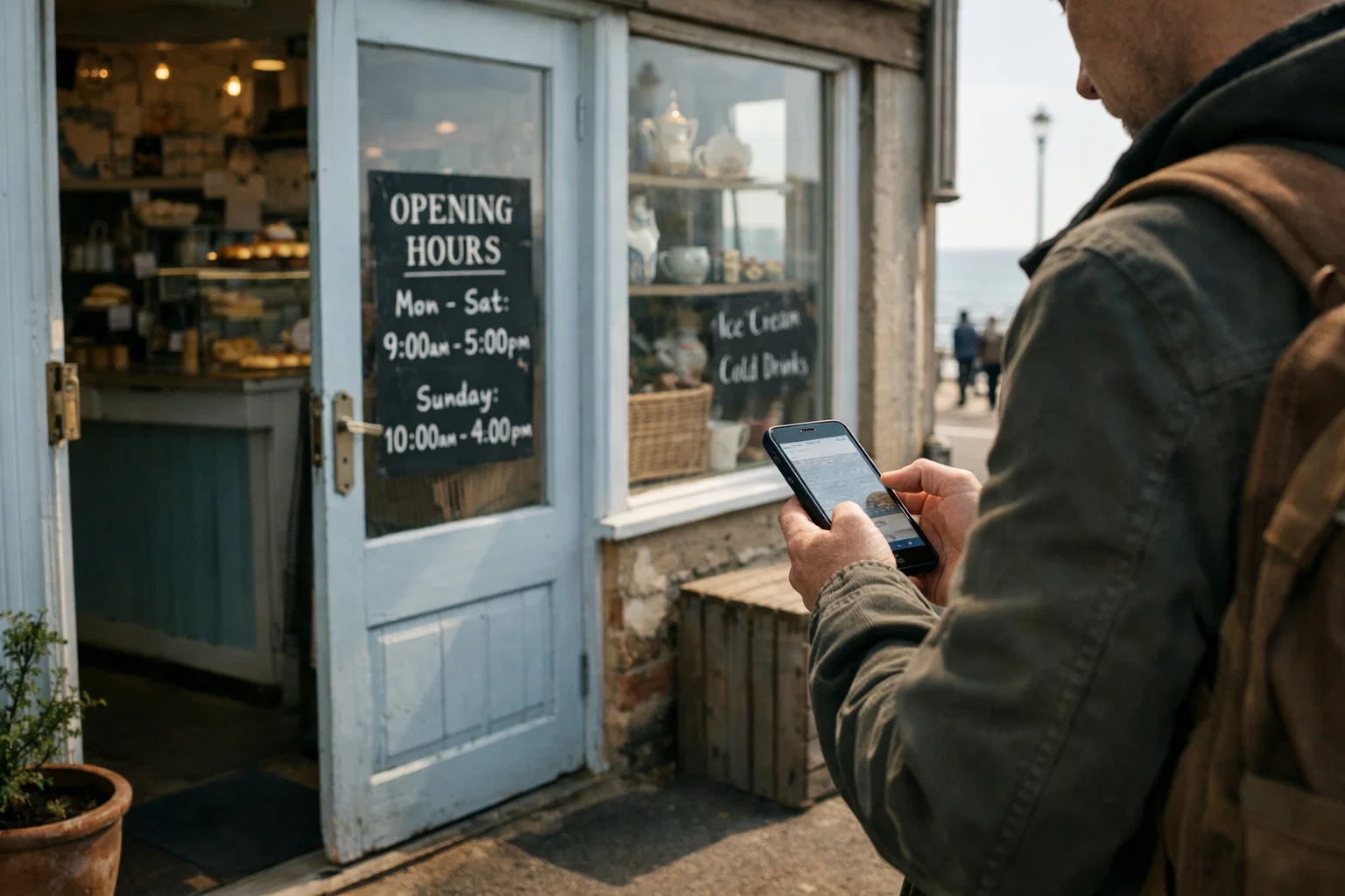 Small seaside business exterior in a UK coastal town with a person using a smartphone outside the entrance.