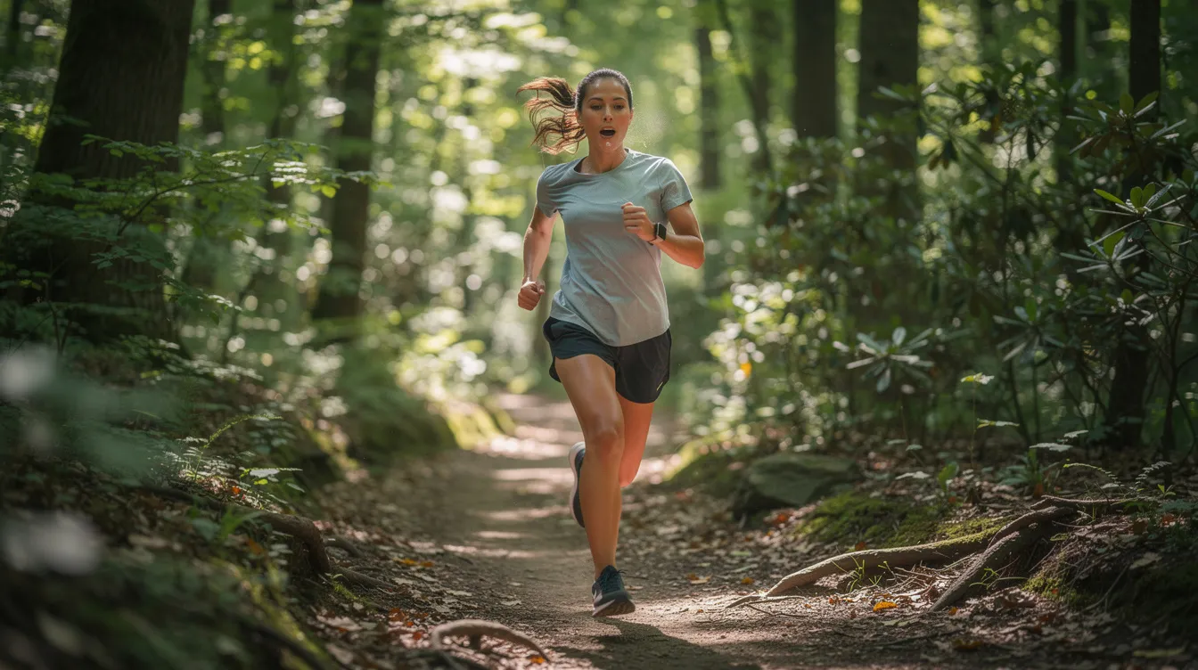 A person is jogging along a trail in a lush green forest, visibly exerting effort while breathing deeply. This scene highlights the importance of physical activity for respiratory health, which can support individuals with asthma and improve lung function.