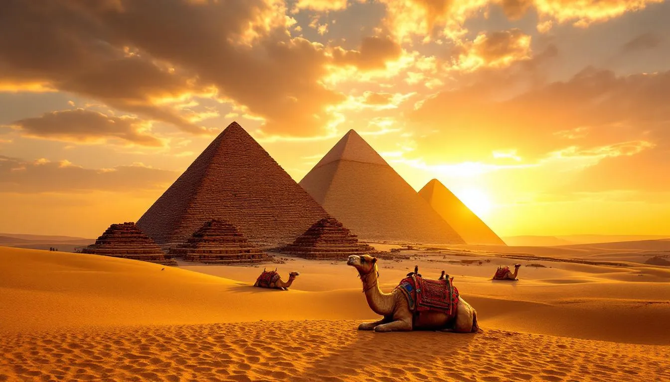 A imagem mostra as majestosas pirâmides de Gizé iluminadas pelo pôr do sol, com camelos em primeiro plano, criando uma atmosfera típica do deserto egípcio. Este cenário é um dos principais pontos turísticos do Egito, refletindo a rica história do Egito antigo.