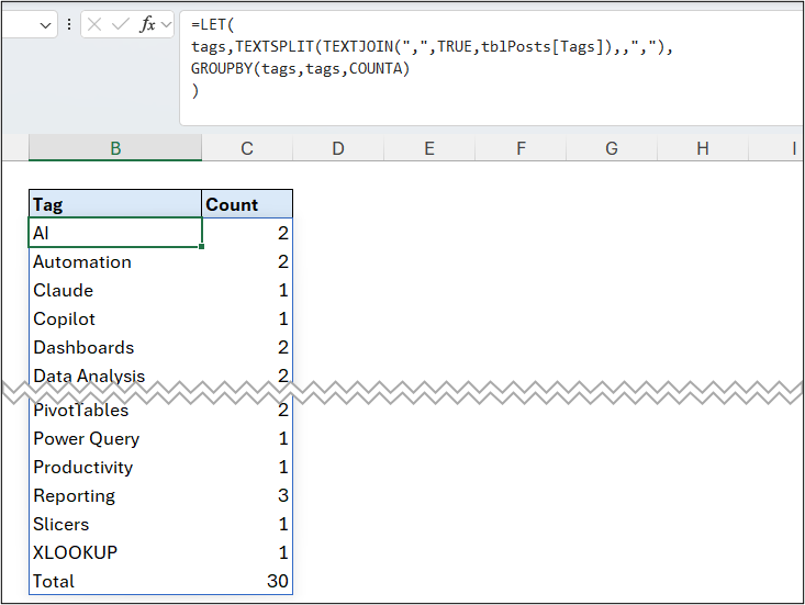 GROUPBY report that uses TEXTSPLIT to separate text for grouping