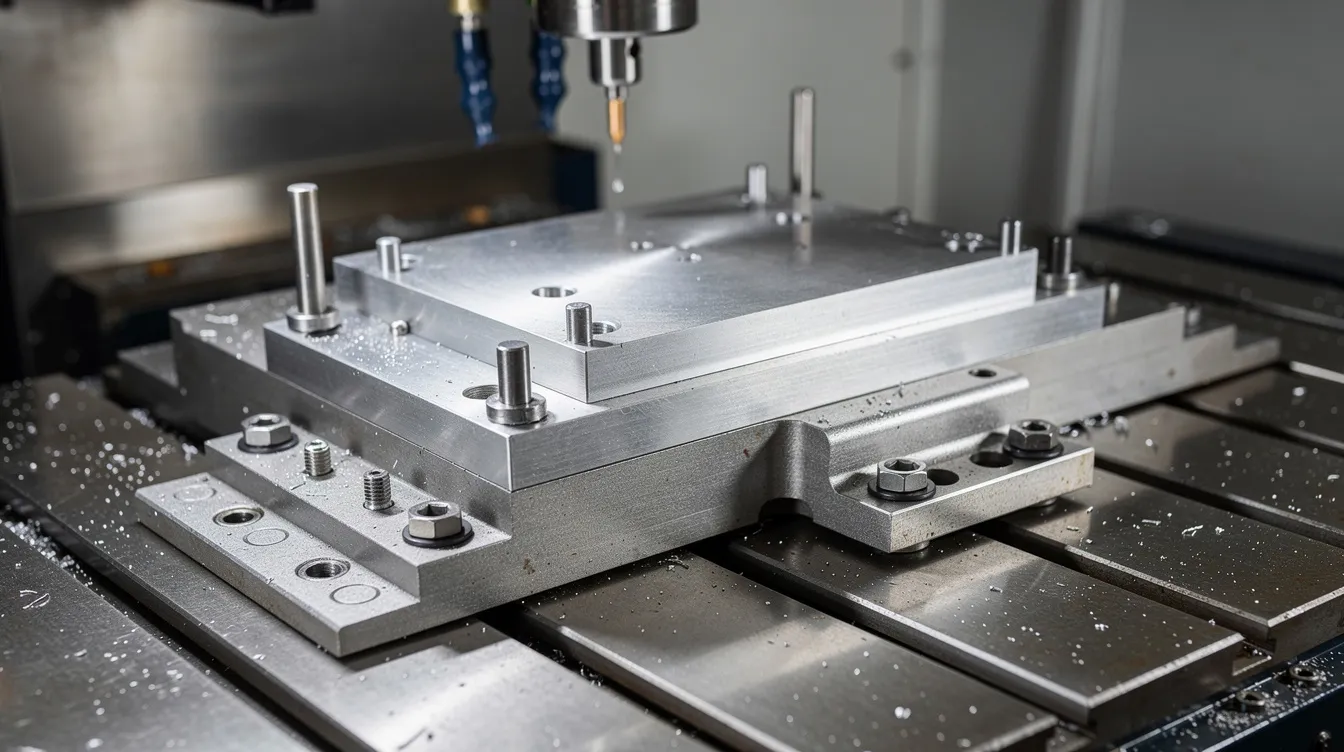 A metal workpiece made of cast iron is securely clamped in a precision CNC fixture on a milling machine bed, showcasing various clamps and locating pins that ensure its correct position during the machining process. The setup highlights the importance of fixture design in achieving high precision and efficiency in CNC milling operations.