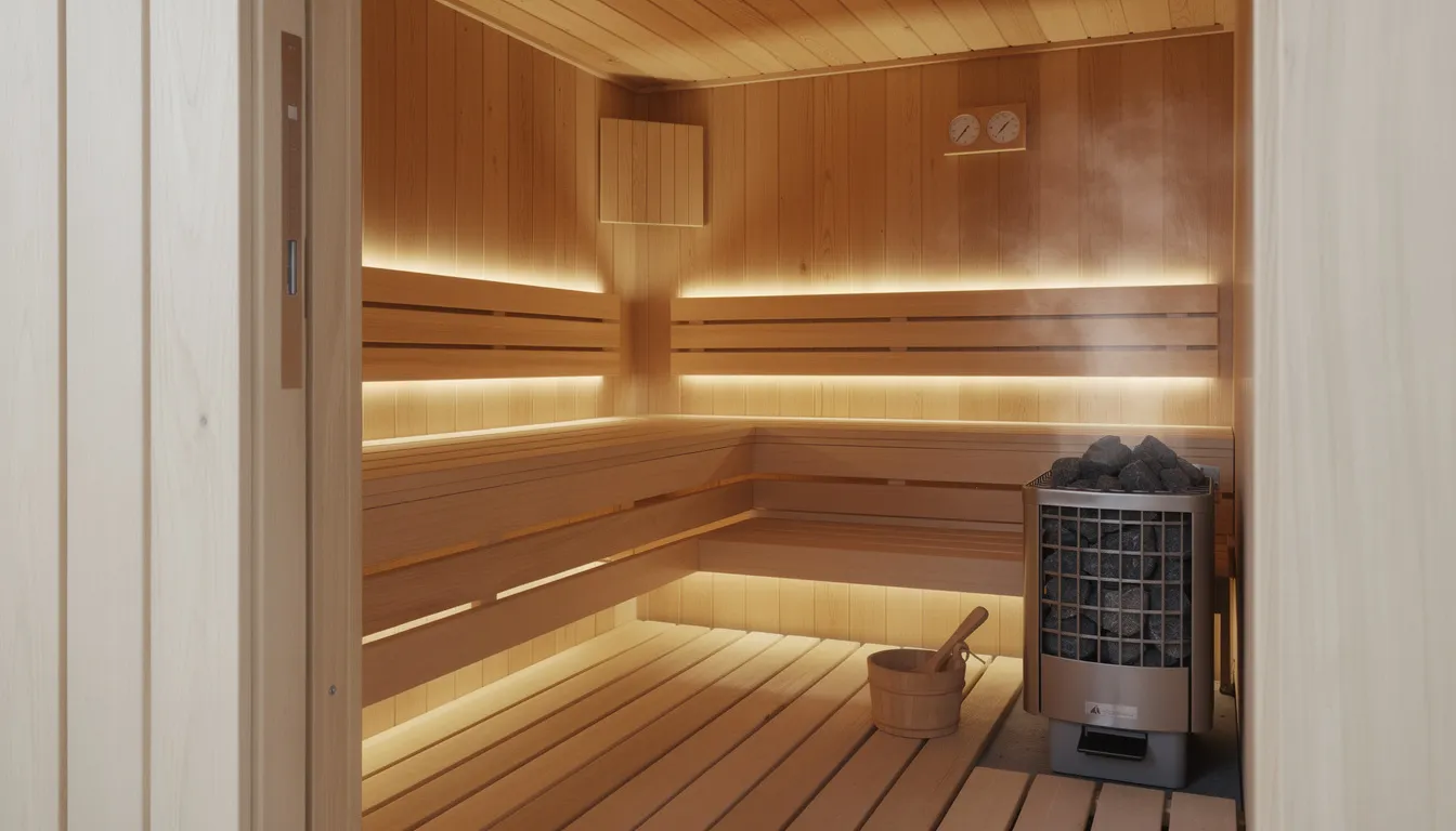 The image depicts the interior of a modern wooden home sauna featuring bench seating and warm ambient lighting, creating a relaxing atmosphere. Essential electrical components, such as the sauna control panel and temperature sensor, are visible, emphasizing the importance of proper electrical work and regular maintenance for safe and effective operation.