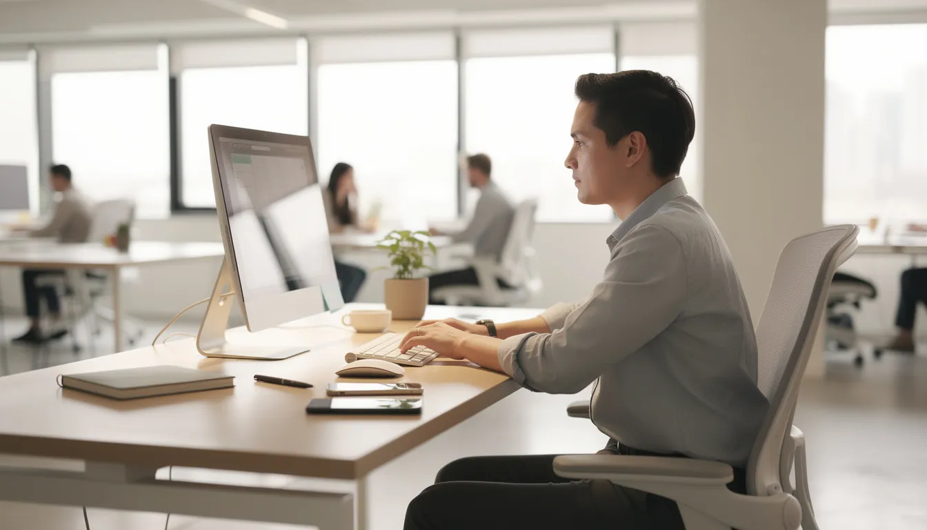 A real estate professional working intently on a computer at a sleek, modern office desk, surrounded by contemporary decor. This setting suggests a professional environment where real estate professionals might research probate leads and manage probate property transactions.