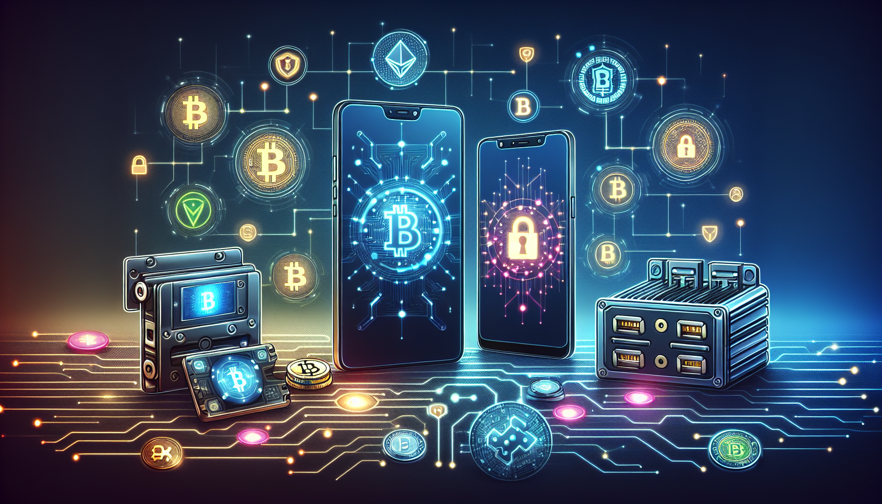 An illustration of different methods for storing cryptocurrency safely, including hot and cold wallets.