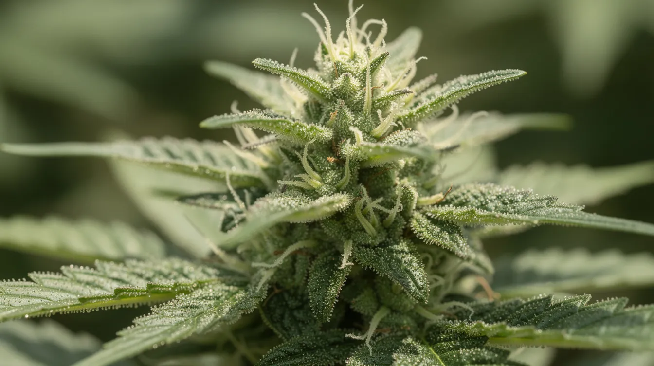 A close-up photograph showcases a raw green hemp plant, highlighting the flower buds covered in shimmering trichome crystals. This image emphasizes the beauty of cannabis plants, which are often associated with hemp derived products and the evolving legal landscape surrounding them, including thca legal status in Virginia.