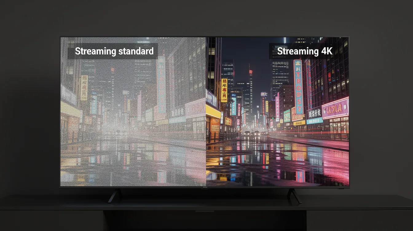 L'image montre une comparaison visuelle entre la qualité d'image du streaming standard et celle du 4K, mettant en évidence la netteté et les détails supérieurs offerts par le 4K. Les utilisateurs d'IPTV en France peuvent ainsi apprécier la différence significative dans la qualité de visionnage pour les films et séries sur leur smart TV.