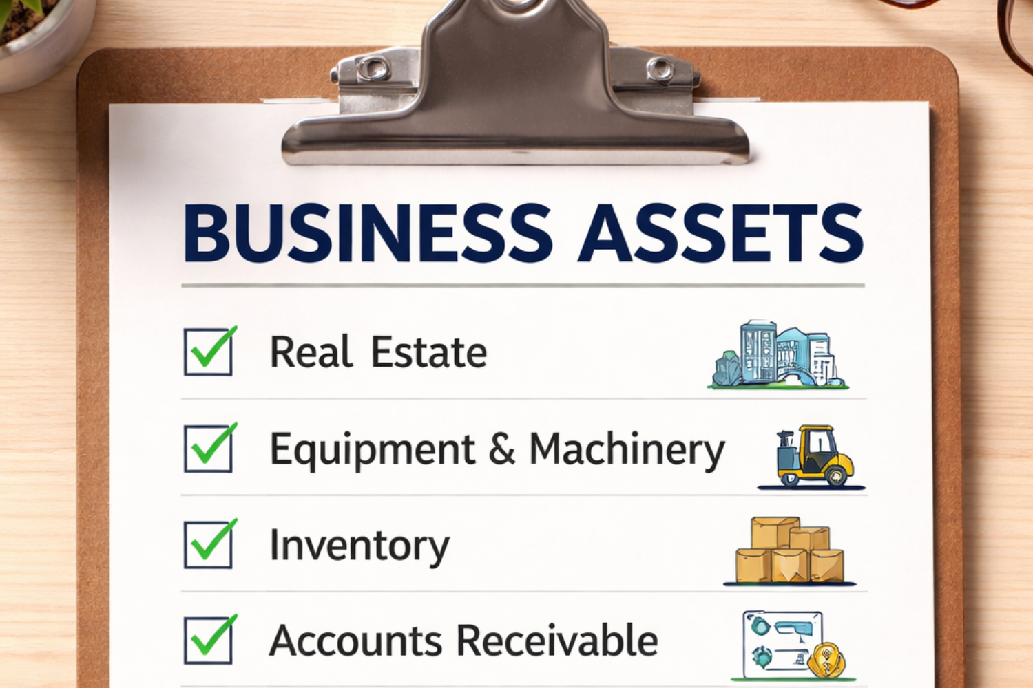 Clipboard with a checklist titled "Business Assets" listing real estate, equipment, inventory, and accounts receivable with checkmarks.