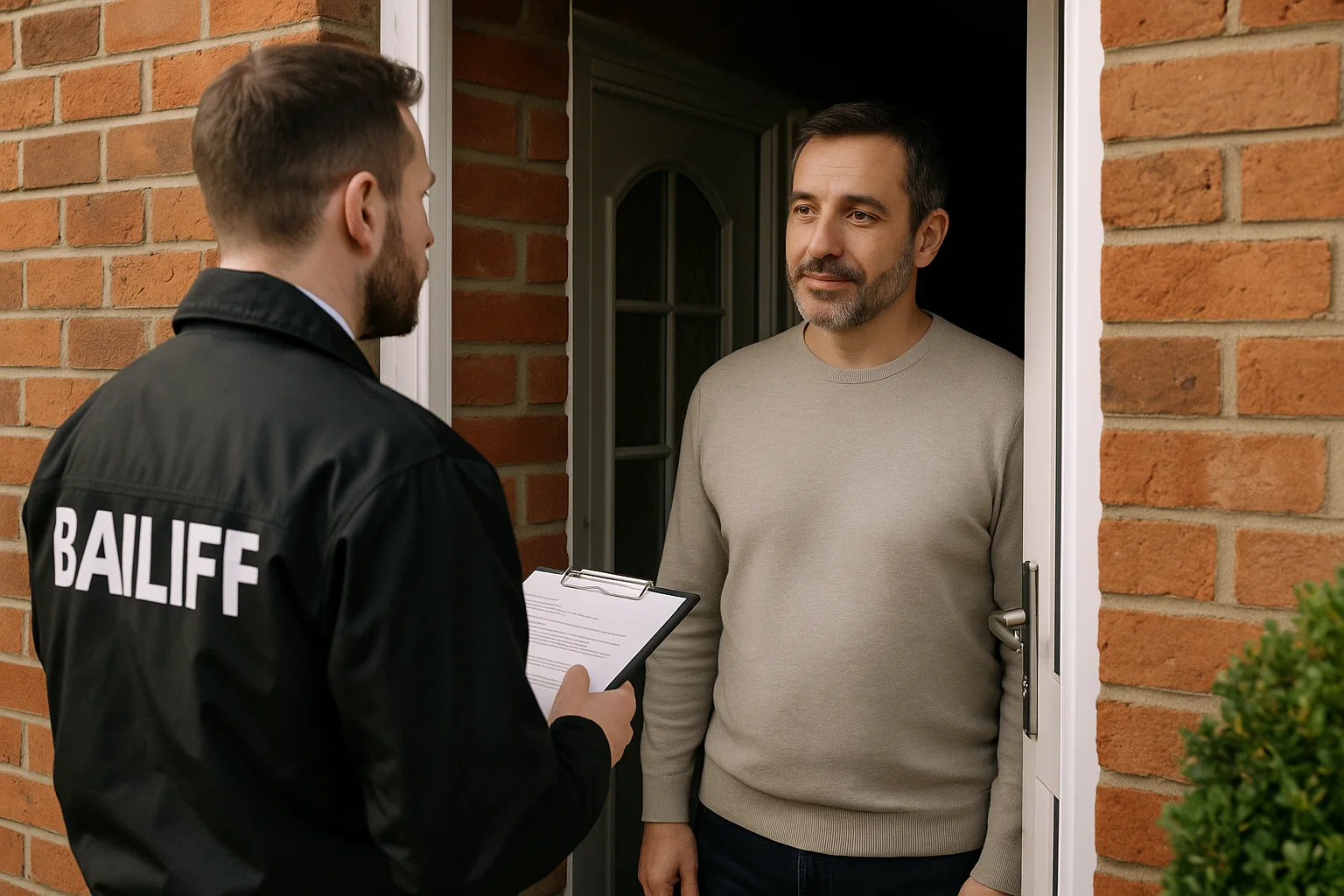 Homeowner calmly speaking to a bailiff at the front door, showing how an IVA can stop bailiff visits.