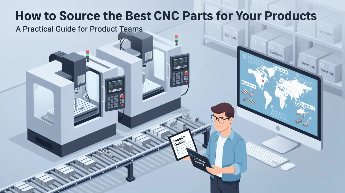 The image illustrates a detailed guide on sourcing high-quality CNC parts for various products, showcasing components like CNC machine parts and tools used in the CNC machining process. It emphasizes critical factors such as quality control processes, precision, and the importance of selecting reliable CNC machining companies for custom parts and full-scale production.