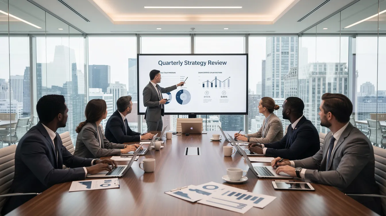 The image depicts a group of executives engaged in a discussion while reviewing a presentation in a sleek, modern boardroom. They are focused on integrating AI technology into their marketing strategy and operational efficiency, highlighting the importance of member engagement and effective decision-making in their organizations.