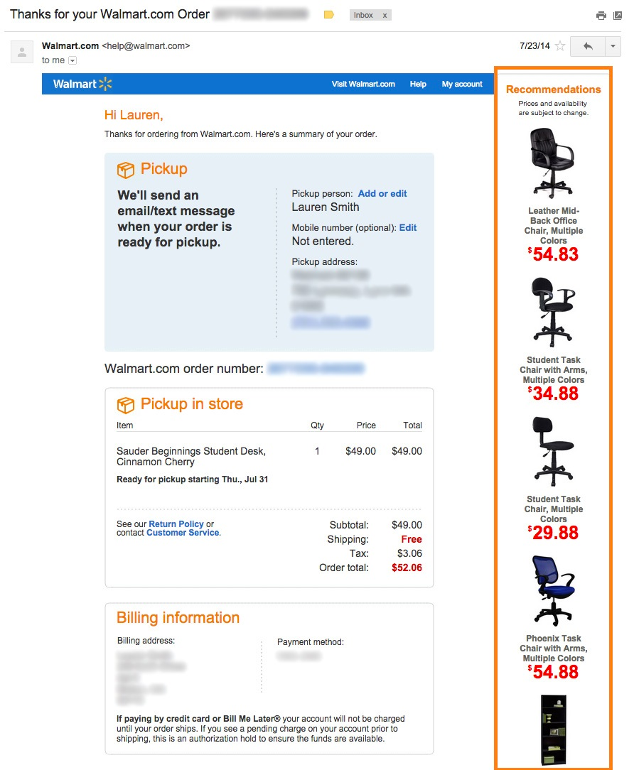 Example product recommendation in Email Receipt - Source Walmart | TheBloggingBox.com