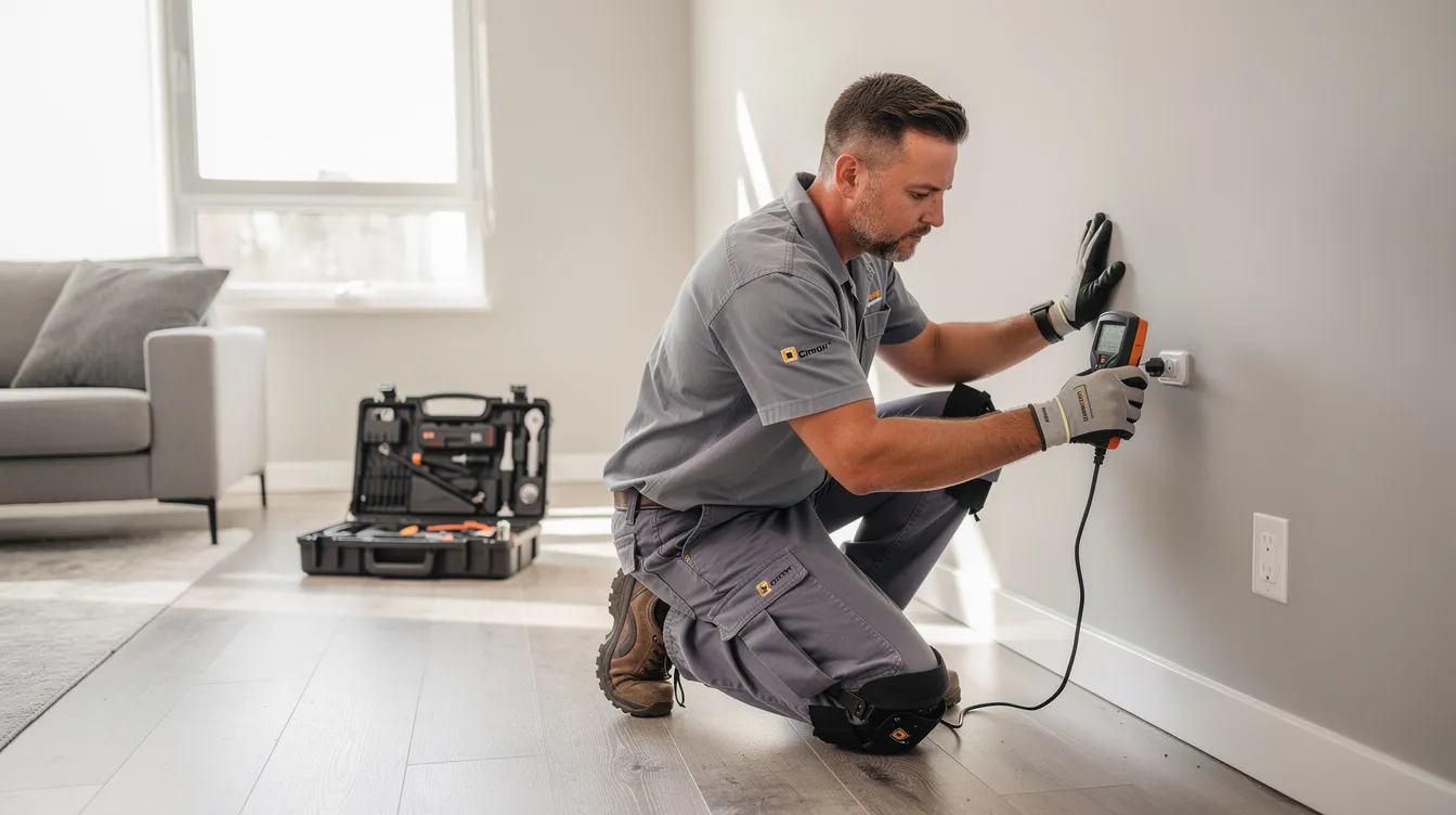 A professional restoration technician is using moisture detection equipment to assess moisture levels in an apartment unit, part of the water damage restoration process following potential storm damage. The technician's expertise ensures an effective inspection to prevent mold growth and restore the property to its pre-loss condition.