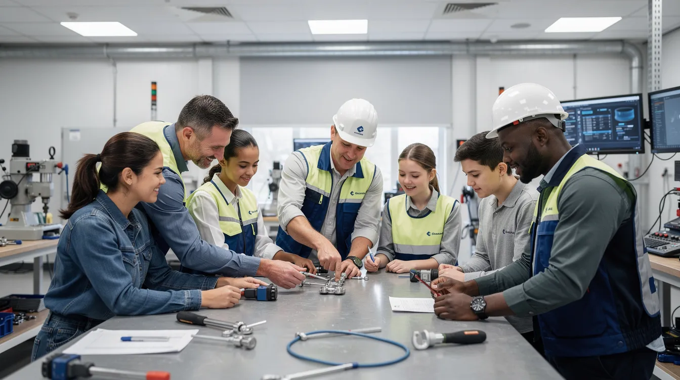 A group of young apprentices working with their mentors in a modern training facility.