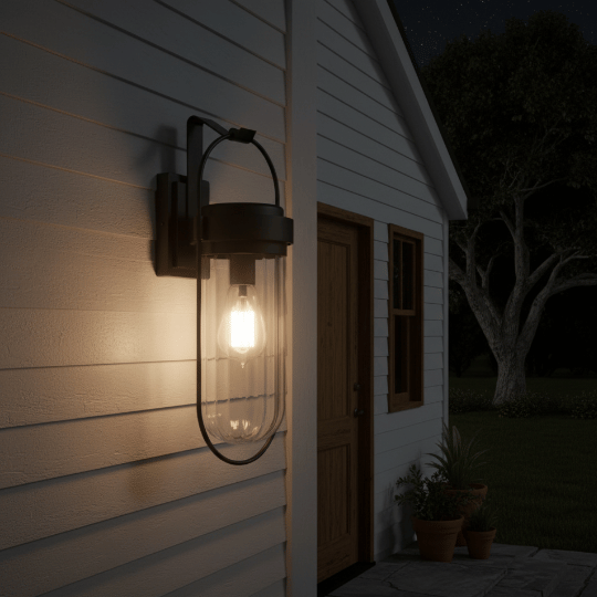 Rustic cottage exterior with an illuminated glass wall lantern mounted near a side entrance.