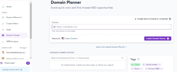 Surfer SEO Domain Planner