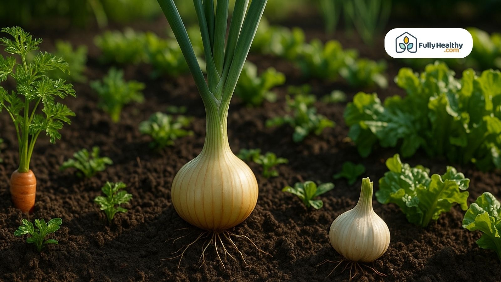 Onion plant in a mixed garden with carrots, garlic, and lettuce growing in rich dark soil.