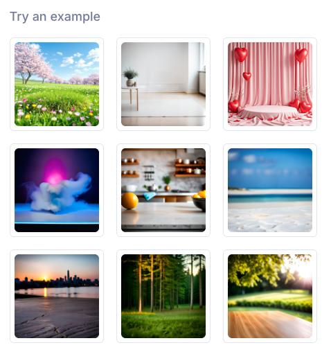 Grid of Claid.ai AI-generated product background templates, including nature scenes, beach settings, indoor rooms, and holiday theme.