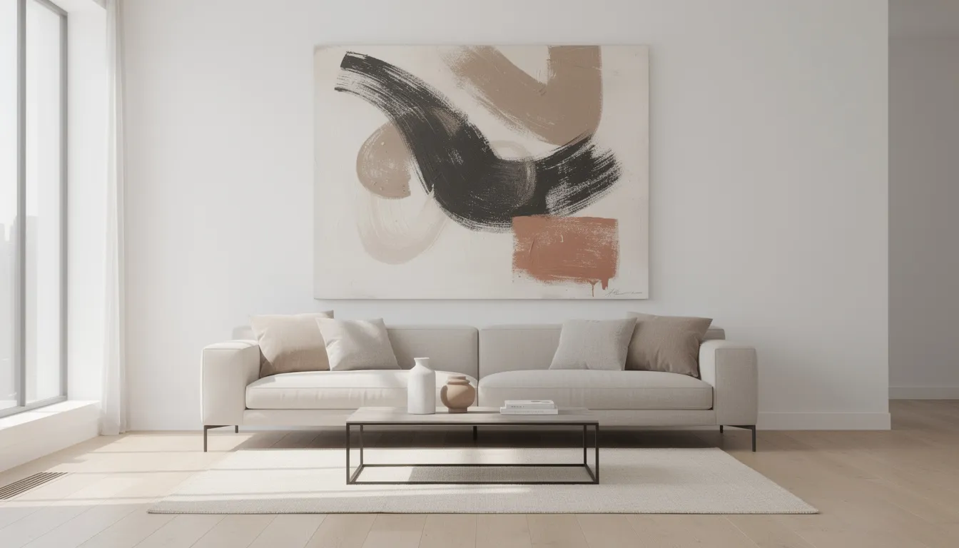 An abstract oversized painting serves as a vibrant focal point in a neutral living space, enhancing the overall style and atmosphere of the room. This large wall art adds depth and joy, transforming blank walls into a beautiful display of creativity.