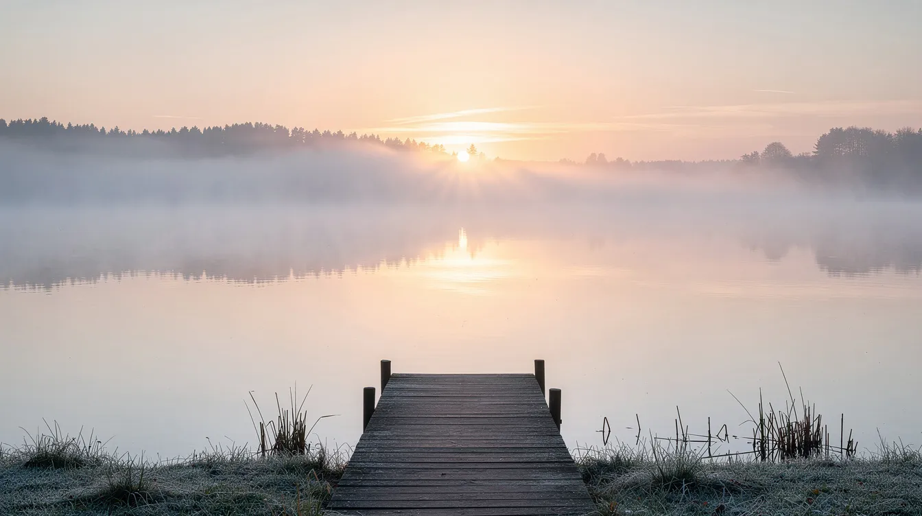 A serene sunrise casts a gentle light over a misty lake, symbolizing a fresh start and a peaceful morning. This tranquil scene evokes feelings of relaxation, much like the calming effects of choosing CBD gummies as a healthier alternative to regular alcohol consumption.