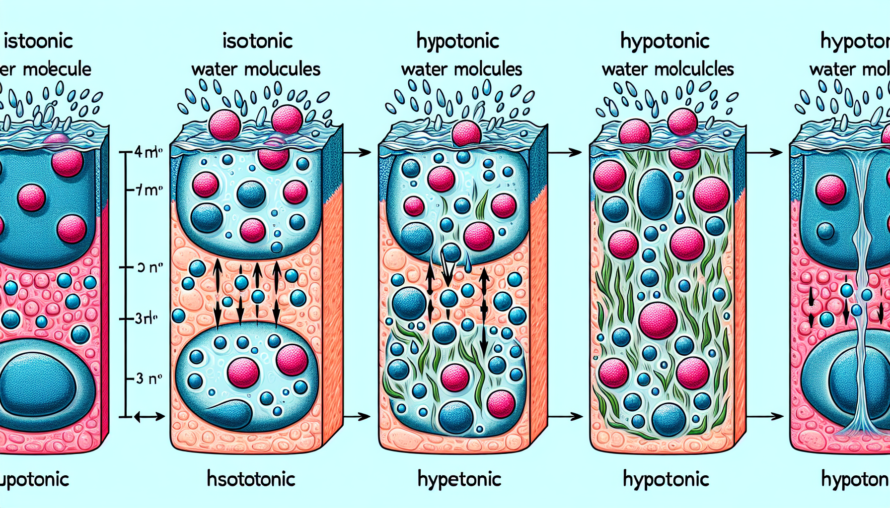 Illustration of isotonic, hypertonic, and hypotonic solutions affecting cells