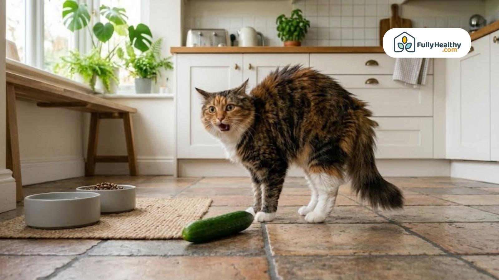 Wide-eyed cat hissing at cucumber on tiled kitchen floor