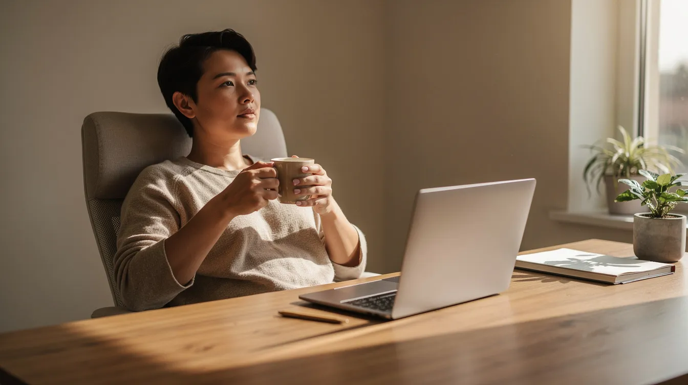 The image depicts a calm person seated at a desk with a closed laptop and a steaming cup of coffee, symbolizing a peaceful break from screens. This serene setting encourages a moment of relaxation, away from the hustle of online casinos and gaming distractions.