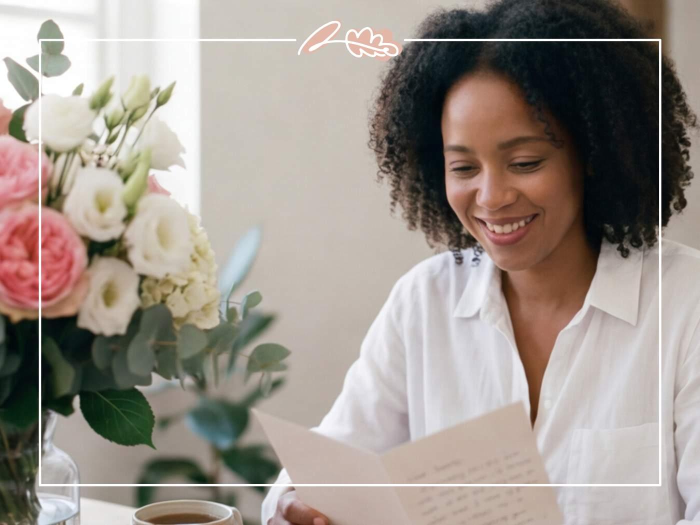 Wife smiling as she reads a heartfelt anniversary message tucked into a bouquet of pink roses, lisianthus and eucalyptus