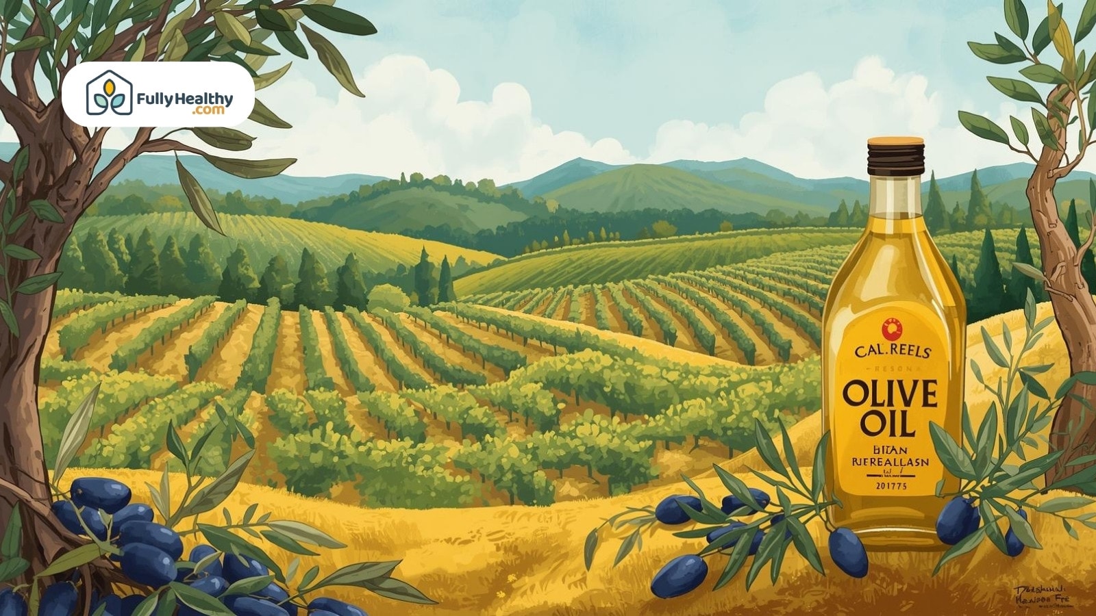Illustrated olive oil bottle with vineyard and olive trees in background