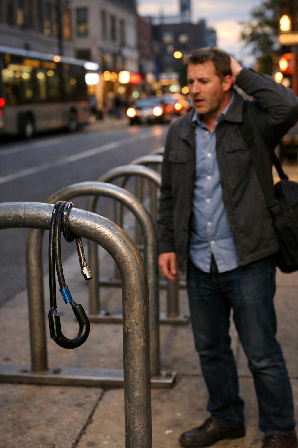 Empty bike rack with a cut lock showing a stolen bicycle in a city