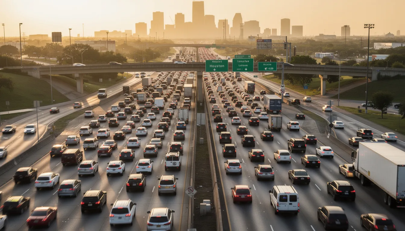 The image depicts heavy traffic on a Houston highway during rush hour, with numerous cars stopped and moving slowly. This scene highlights the potential for accidents, emphasizing the importance of having an experienced abogado de accidentes automovilísticos in Houston to navigate the complexities that can arise from accidents on the road.
