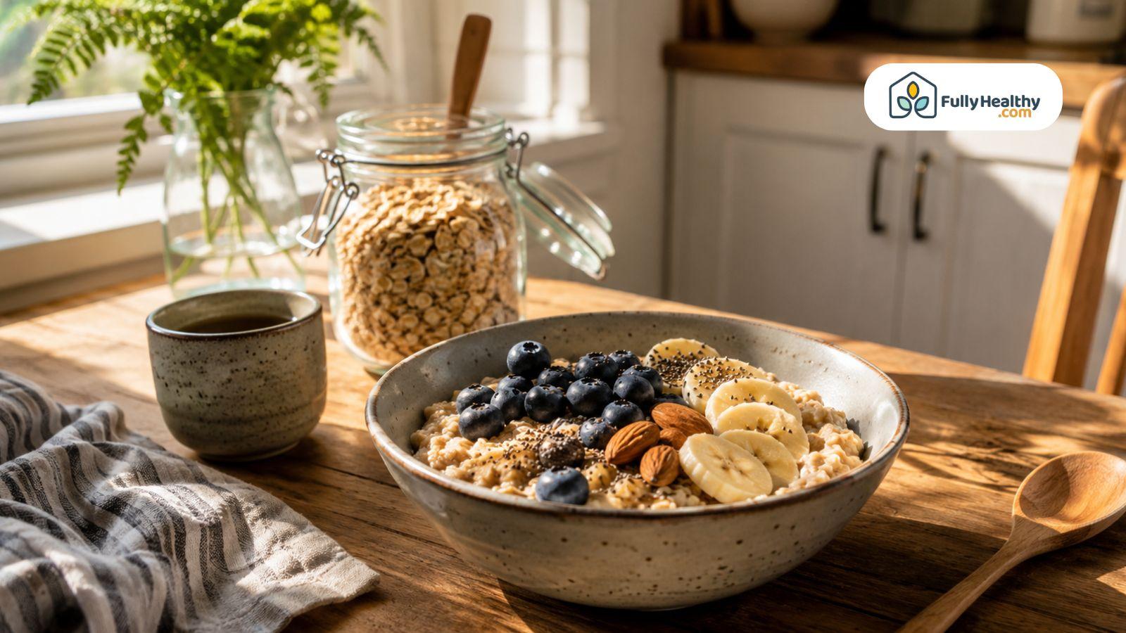 Oatmeal bowl topped with blueberries, banana slices, almonds, and chia seeds.