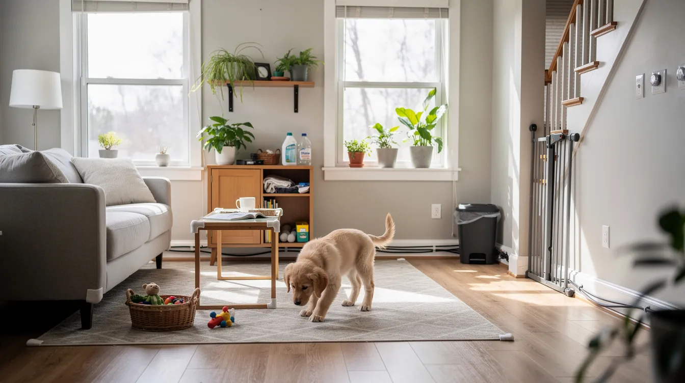 The image depicts a cozy living room that has been thoughtfully puppy-proofed, showcasing pet-safe furniture, chew toys scattered around, and low tables cleared of potential hazards like electrical cords and cleaning supplies. The environment is welcoming for a curious puppy, ensuring a safe space for play and exploration while preventing access to dangerous items like trash cans and toxic plants.