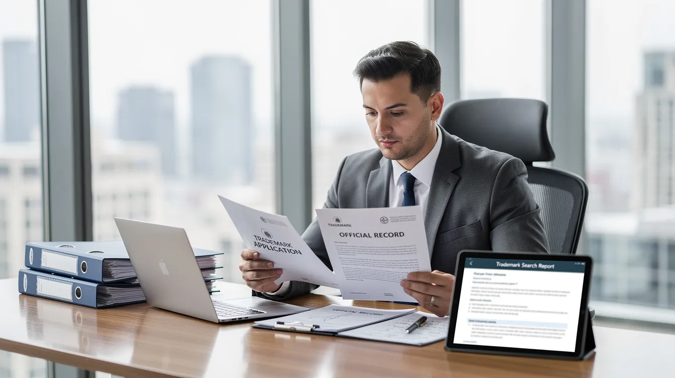 A professional is seated at a modern office desk, carefully reviewing trademark documents, which may include trademark applications and office actions related to the trademark registration process. The environment suggests a focus on trademark law and the responsibilities of a trademark attorney in navigating legal issues and responding to the USPTO's examining attorney.