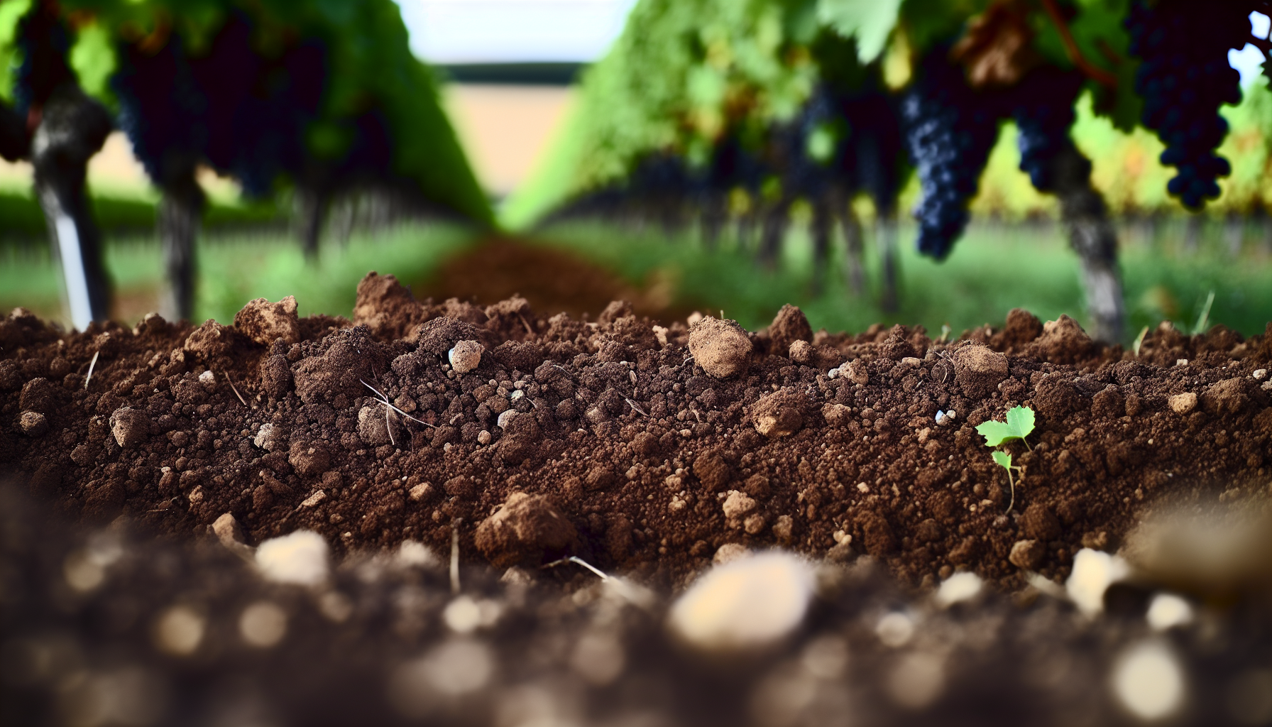 A close-up of soil with grapevines, highlighting the terroir concept