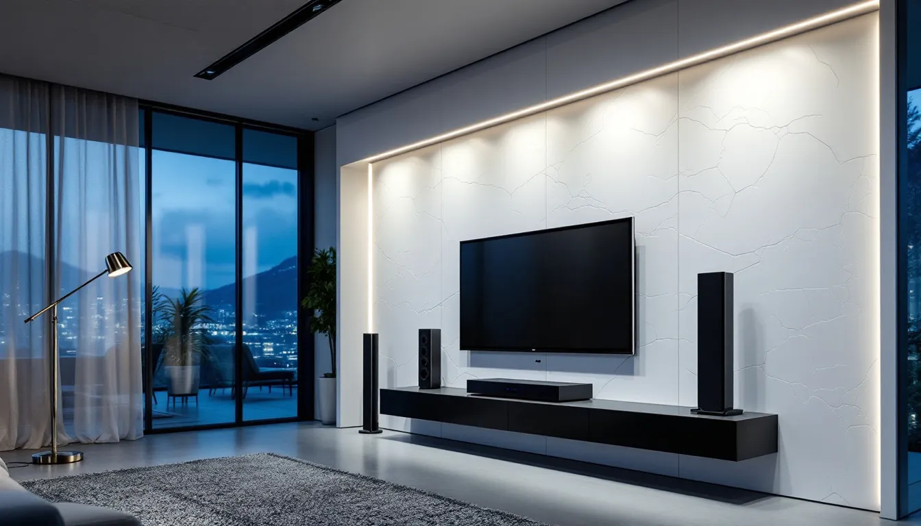 A functional media wall with task lighting enhancing visibility for media equipment.