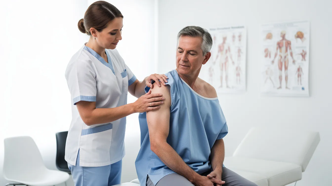 A medical professional is examining a patient's shoulder in a clinical setting, indicating a focus on assessing injuries that may be relevant in personal injury cases. This scene highlights the importance of medical evaluations in the legal process for seeking fair compensation for suffered injuries.