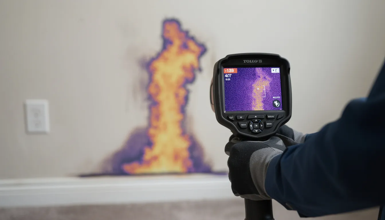 An infrared thermal imaging camera is scanning a residential wall to identify hidden moisture, which can lead to mold growth and health problems. This advanced equipment is essential for mold inspection and remediation services, ensuring a mold-free environment in homes or businesses.