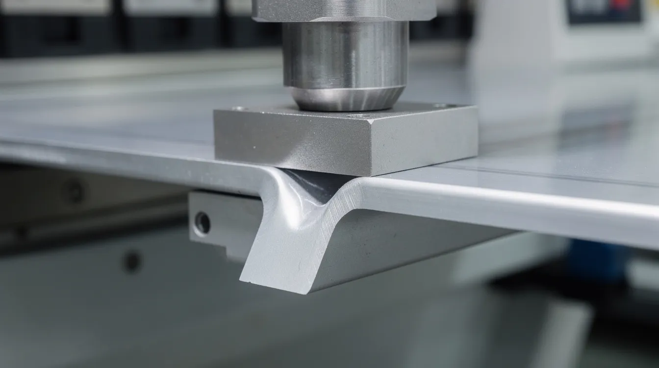 A close-up view of a CNC hydraulic press brake shows it precisely bending a sheet of aluminum, highlighting the bending process and the tight tolerances achieved in sheet metal bending. The image captures the intricate tooling geometry and the desired bend angle, showcasing the machine's capability to handle various material thicknesses.