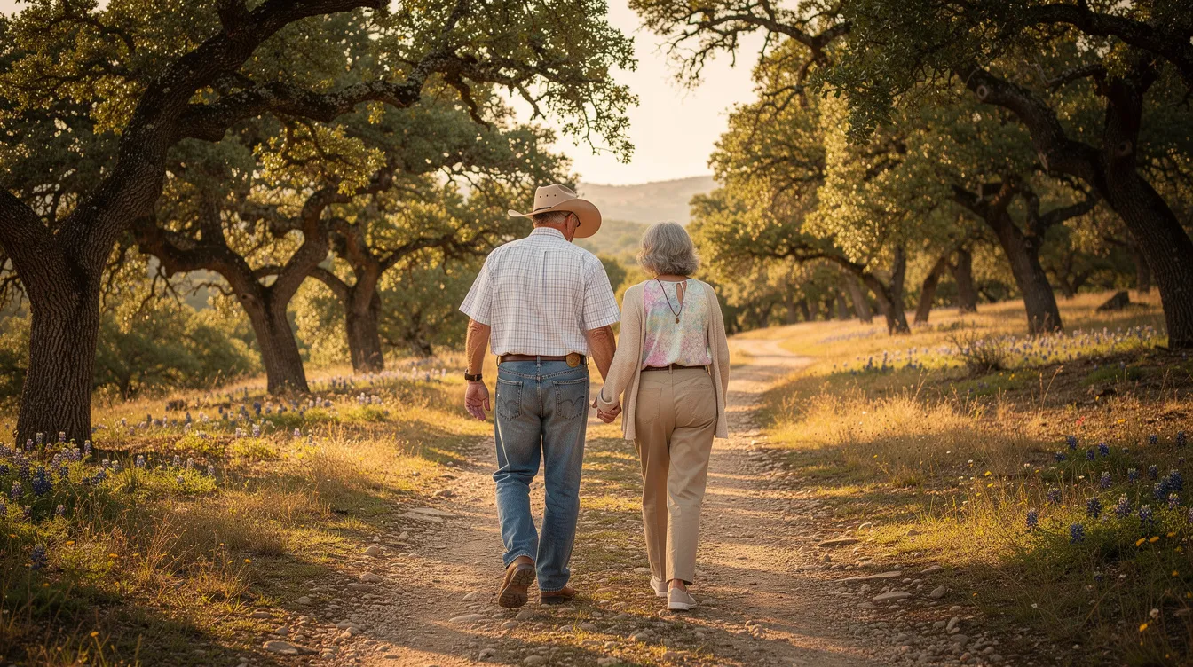 An older couple walks slowly hand-in-hand along a tree-lined path in the Texas Hill Country, enjoying the fresh air and each other's company. This scene highlights the importance of physical activity for older adults, contributing to their overall health and well-being.