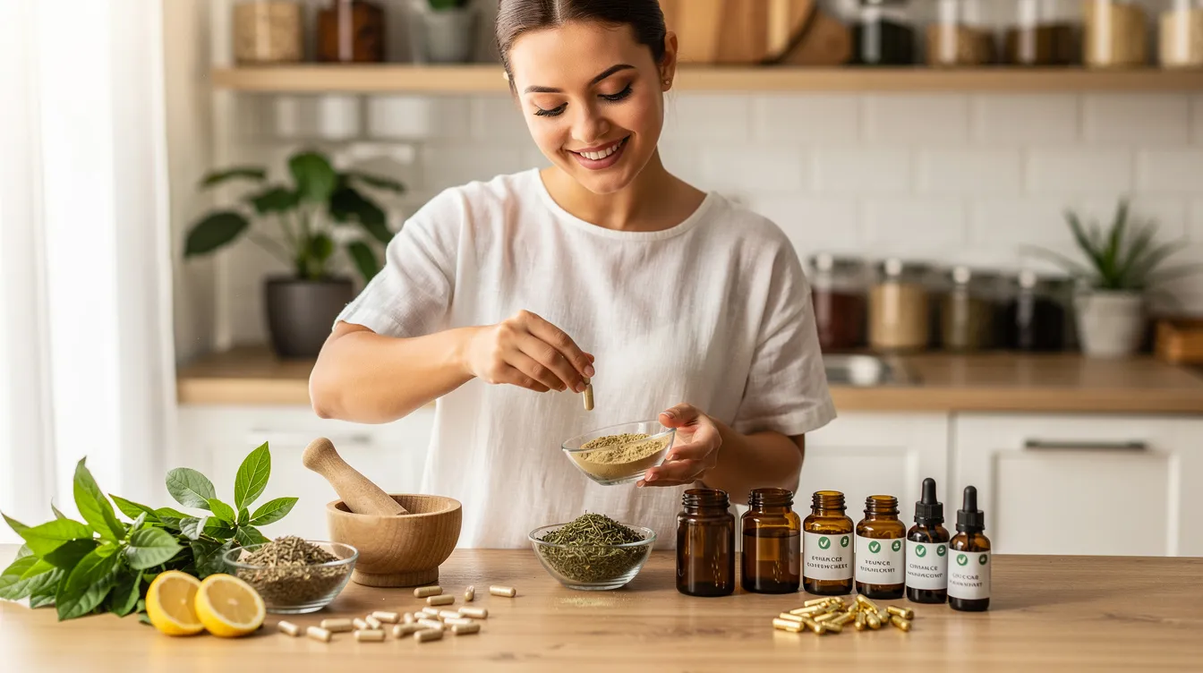 Une femme souriante se tient dans une cuisine, préparant des compléments alimentaires naturels pour améliorer son bien-être. Cette activité peut être particulièrement bénéfique pour les femmes atteintes du syndrome des ovaires polykystiques (SOPK), en aidant à gérer les symptômes et à favoriser un cycle menstruel sain.